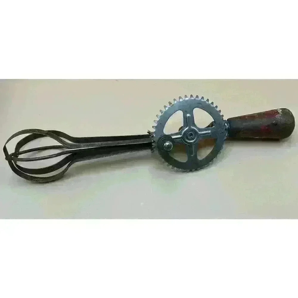 Vintage EKCO A & J Red/White Wood Handle Egg Beater Hand Mixer USA Farmhouse